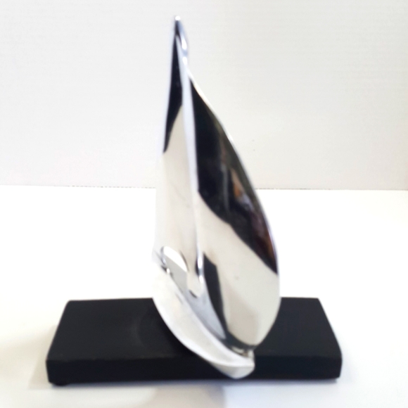 Sail Boat Spinnaker Silver Metal Aluminum Sculpture on Wood Stand - 8 in. tall - Picture 6 of 8
